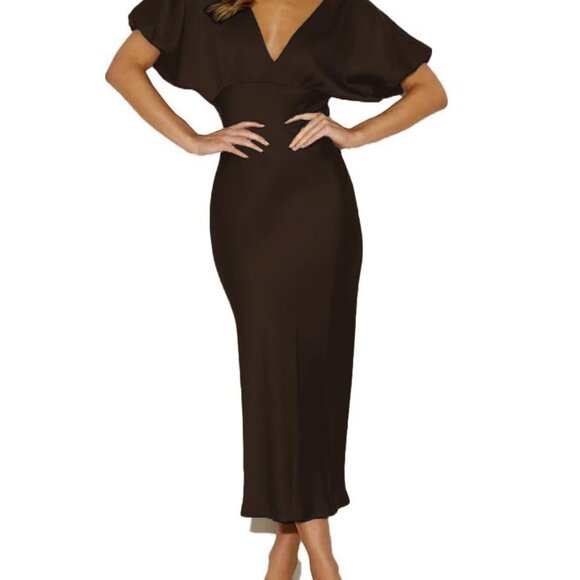 Satin V Neck Puffy Sleeves Midi Dress Elegant Tie Back Formal Cocktail